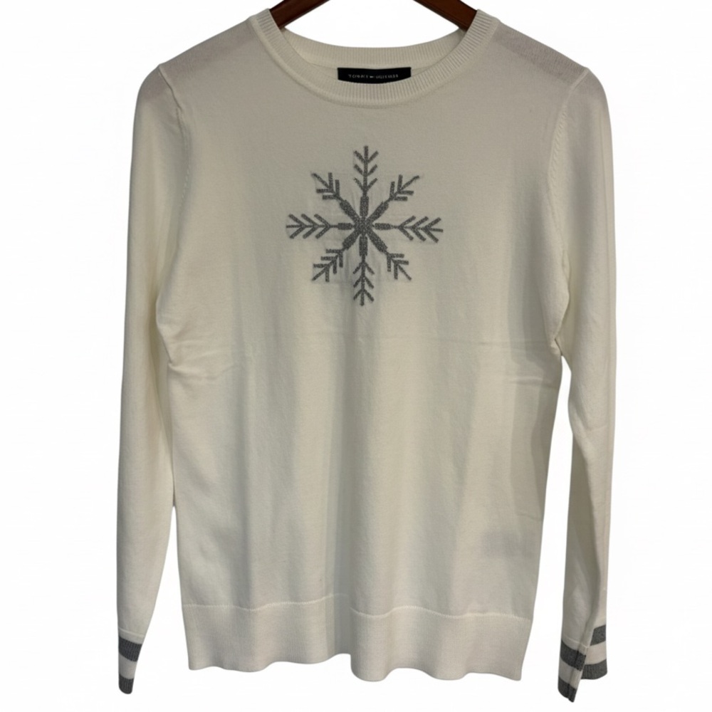 🔴 Tommy Hilfiger Snowflake Ivory Silver Metallic Ivy Sweater Small NWT